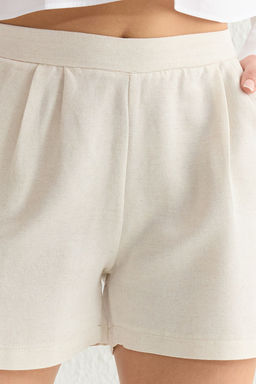 TRENDYOLMILLA Bej Keten Icerikli Arka Beli Lastikli Genis Paca Diz Boy Dokuma Sort & Bermuda TWOSS25SR00021 фото 8