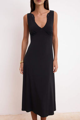 Siyah A-Kesim/Can Form V Yaka Kolsuz Dantel Detayl? Midi Saten Orme Elbise TWOSS26EL00263