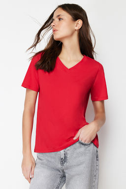 Siyah-K?rm?z? %100 Pamuk 2li Paket Basic V Yaka Orme T-Shirt TWOSS23TS00002