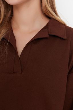 TRENDYOLMILLA Kahverengi Regular/Normal Kal?p Basic Polo Yaka Regular Ince Orme Sweatshirt TWOAW23SW00003  фото 4