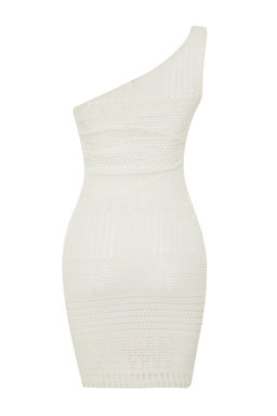 TRENDYOLMILLA Ekru Triko Gorunumlu Bodycone/Vucuda Oturan Tek Kol Mini Esnek Orme Kalem Elbise TWOSS24EL00572 фото 8