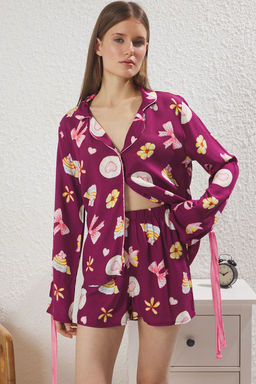 Trendyolmilla Ekru Baglamal?/Kurdele/Fiyonklu ve Biyeli Viskon Sortlu Dokuma Pijama Tak?m? THMSS24PT00047  фото 24