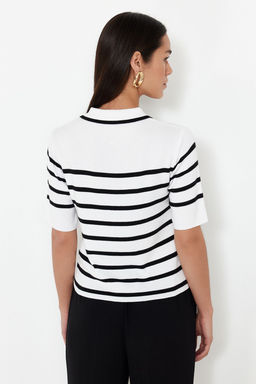 Ekru Premium Kalite Polo Yaka Cizgili Triko Kazak TWOSS24KZ00048