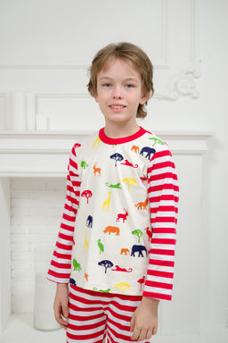 Пижама детская из джемпера и брюк без манжет из интерлока Сафари красный полоса - Амадэль фото 4