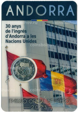Монета 2 евро 2023 года Андорра 30 лет вступления Андорры в ООН (в буклете)