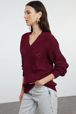Bordo Ajurlu/Delikli V Yaka Triko Kazak TWOAW21KZ0690 - Trendyolmilla фото 2