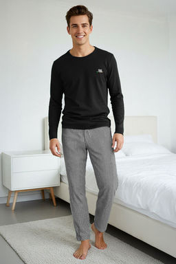 Siyah Regular Koala Nak?sl? ve Cizgili Orme Pijama Tak?m? TMNAW26PT00002