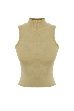 Trendyolmilla Haki Eskitme/Soluk Efektli Fitted Fermuarl? Fitilli Pamuklu Esnek Orme Bluz TWOSS24BZ00036 фото 7