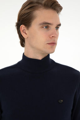 Erkek Slim Fit Yar_m Bal_k__ Yaka Lacivert Basic Kazak