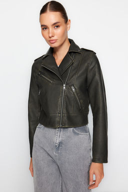 Trendyolmilla Antrasit Eskitme Detayl? Suni Deri Biker Ceket Mont TWOAW24MO00277  фото 8