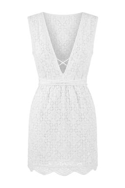 Beyaz Premium Triko Ajurlu Super Mini Derin V Yaka Plaj Elbisesi TBESS26EL00007 - Trendyolmilla фото 3