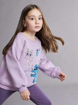 Bisiklet Yaka Stitch ve Angel Bask?l? K?z ?ocuk Sweatshirt ve Tayt