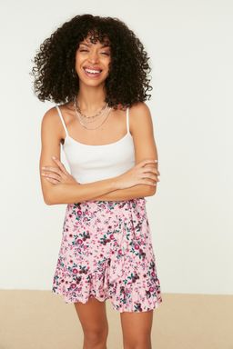 Pembe Bask?l? Volanl? Yuksek Bel Mini Esnek Orme Etek TWOSS21ET0010