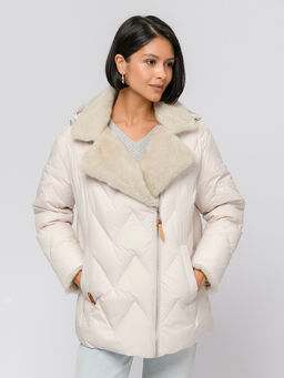 Куртка зимняя бежевого цвета с карманами и отложным воротником - 1001dress фото 2