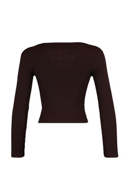 Trendyolmilla Kahverengi-Bej 2li Paket Crop Fitted/Vucuda Oturan V Yaka Fitilli Esnek Orme Bluz TWOAW22BZ0129
