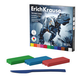 Цена за 1 шт. Пластилин классический ErichKrause Techno Dino 12 цветов со стеком, 192 г (в коробке 12 шт)