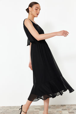 Trendyolmilla Siyah A Kesim Beli Lastikli Sifon Astarl? Maxi Dokuma Elbise TWOSS24EL00804  фото 2