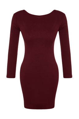 TRENDYOLMILLA Bordo Fitilli S?rt Detayl? Bisiklet Yaka Fitted/Vucuda Oturan Mini Esnek Orme Elbise TWOAW24EL00390  фото 6