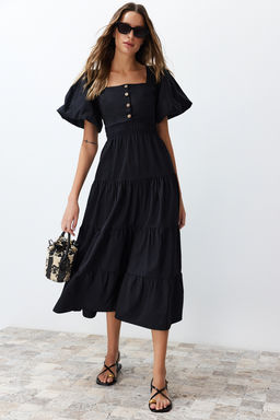 Siyah Belden Ac?lan Gipe ve S?rt Detayl? Kare Yaka Maxi Dokuma Elbise TWOSS24EL00431 - Trendyolmilla фото 2