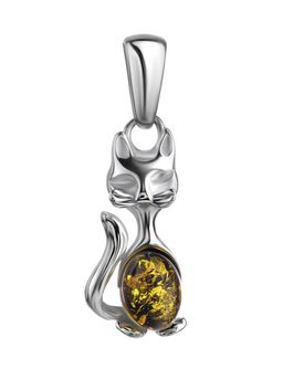 Очаровательный кулон в виде кошки из серебра и зелёного янтаря Котопёс