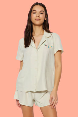 Ac?k Bej Slogan Nak?sl? Sortlu Dokuma Pijama Tak?m? THMSS23PT00232