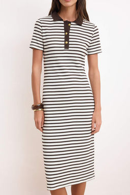 Kahverengi Cizgili Polo Yaka Midi Esnek Orme Elbise TWOSS25EL00360