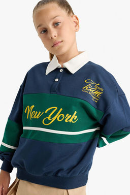 %100 Pamuk Relax Fit Polo Yaka Bask_l_ Okul Sweatshirt K_z _ocuk - Defacto фото 3