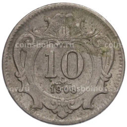 Монета 10 геллеров 1908 года Австрия