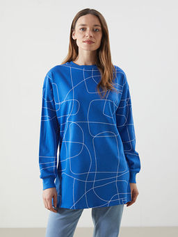 Bisiklet Yaka Desenli Oversize Kad?n Sweatshirt Tunik