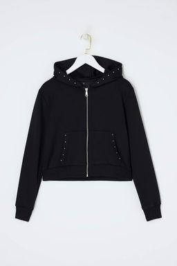 Siyah Oversize/Genis Kal?p Kapusonlu 3 Iplik Sardonsuz Orme Sweatshirt TWOSS26SW00012