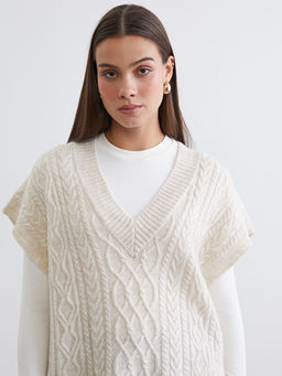 V Yaka Kendinden Desenli Oversize Kad?n Triko S?veter