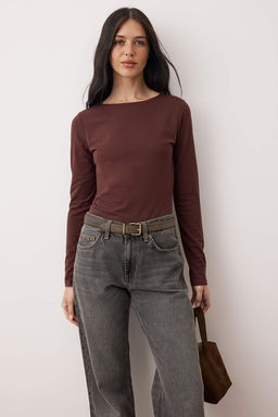 Kahverengi Pamuklu Kay?k Yaka Fitted/Vucuda Oturan Esnek Bluz TWOAW24BZ00166