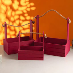 Подарочный ящик «Аром», деревянный, ручка - канат, бордовый, набор 3 шт.