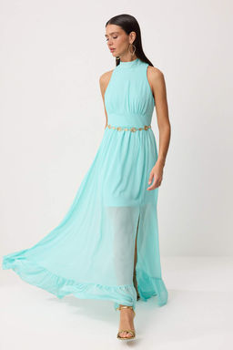 Su Yesil Dokuma Sifon Astarl? Kemer Detayl? Maxi Abiye & Mezuniyet Elbisesi TPRSS26AE00044