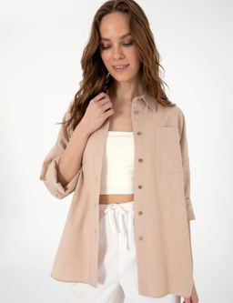 Bej Oversize Keten Kar___ml_ Uzun Kollu G_mlek - Pierre cardin фото 3