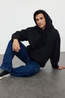 Siyah Oversize/Geni_ Kesim Kap__onlu __i Polar/S_cak Tutan Sweatshirt TMNAW23SW00195