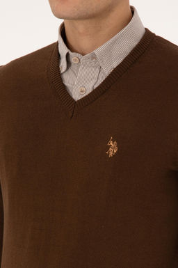 Erkek Slim Fit V Yaka Kahverengi Basic Triko Kazak - U.s. polo assn фото 7