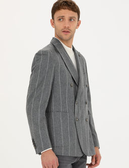 Gri Ex.Slim Fit %100 Y_n _izgili Kruvaze Ceket