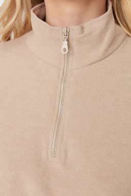 Bej Selanik/Triko Gorunumlu Fermuarl? Yaka Regular/Normal Kal?p Orme Sweatshirt TWOAW22SW0732