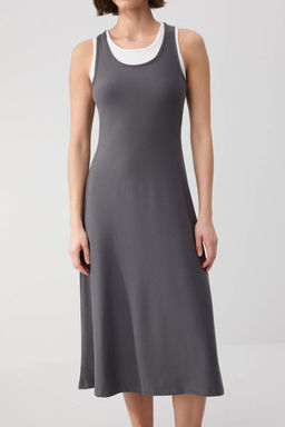 Wardrobe Essentials-Antrasit Renk Bloklu Bodycon Havuz Yaka Maxi Orme Elbise TWOSS26EL00157 - Trendyolmilla фото 5
