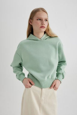 Boxy Fit Kapusonlu Kal?n Basic Duz Sweatshirt
