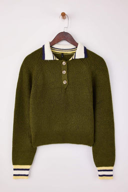 Haki Yumusak Dokulu Renk Bloklu Triko Kazak TWOAW26KZ00285