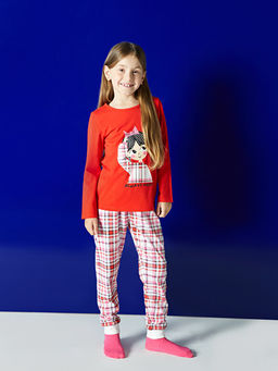 Bisiklet Yaka Bask?l? Uzun Kollu K?z ?ocuk Pijama Tak?m?