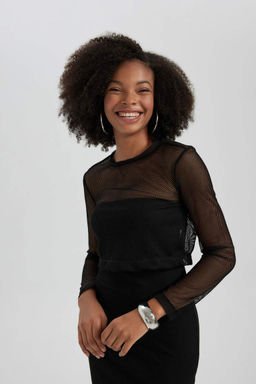 Укороченная сетчатая футболка с длинными рукавами - Defacto фото 3