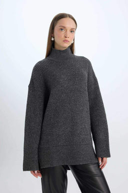 Базовый трикотажный свитер стандартного кроя с воротником-туникой - Defacto фото 9