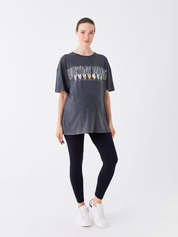 Bisiklet Yaka Daisy Duck Bask?l? K?sa Kollu Oversize Hamile Ti??rt