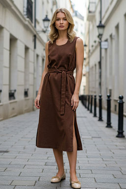 Kahverengi Burumcuk Kemer Detayl? S?f?r Kol Midi Orme Elbise TWOSS25EL00665