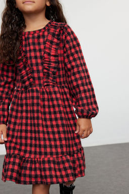 K?rm?z? K?z Cocuk Ekose / Kareli Regular Dokuma Elbise TKDAW25EL00004 - Trendyolmilla фото 3
