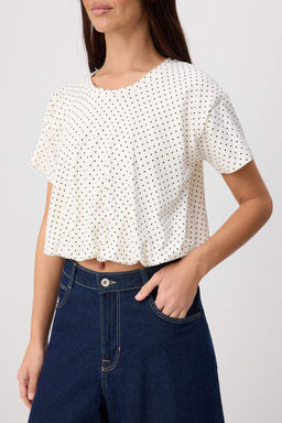 Ekru Puantiyeli Regular/Normal Kal_p B_zg_l_ Balon Crop Pamuklu Esnek _rme T-shirt TWOSS26TS00306 - Trendyolmilla фото 3