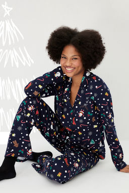 Trendyolmilla Lacivert %100 Pamuklu K?s Temal? Orme Pijama Tak?m? THMAW22PT1212